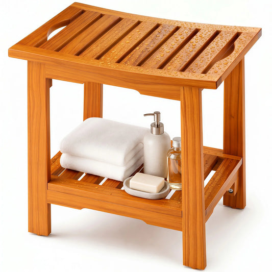 JHK Solid Wood Bathroom Shower Bench With Storage Shelf Handles
