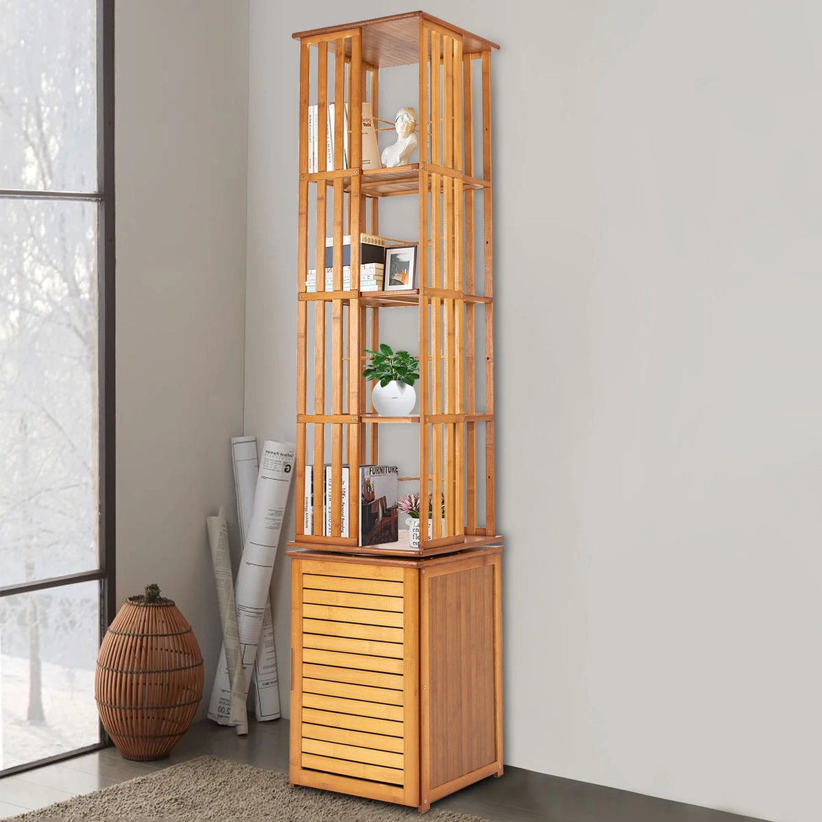 Bymaocar Bamboo Corner Bookshelf Rotating Storage Rack For Home