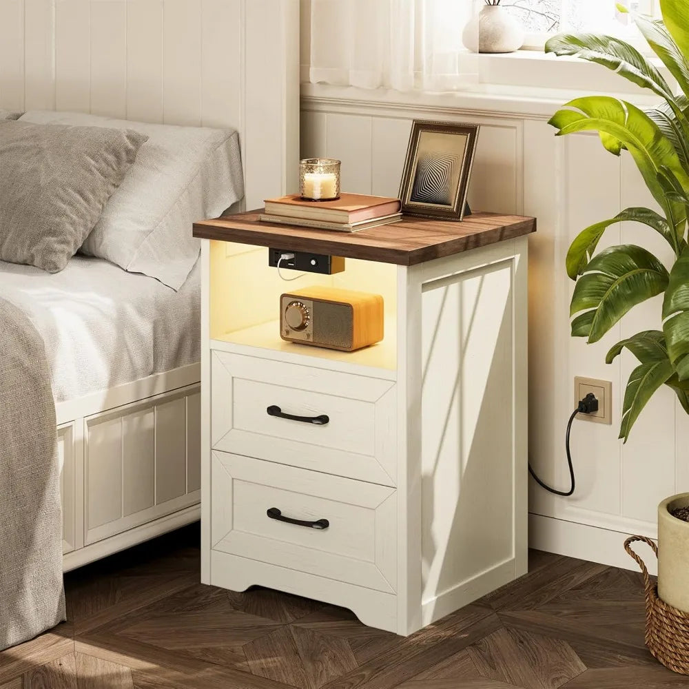 Farmhouse Nightstands Set Of 2 With LED Lighting And Charging - Home and Haven Store