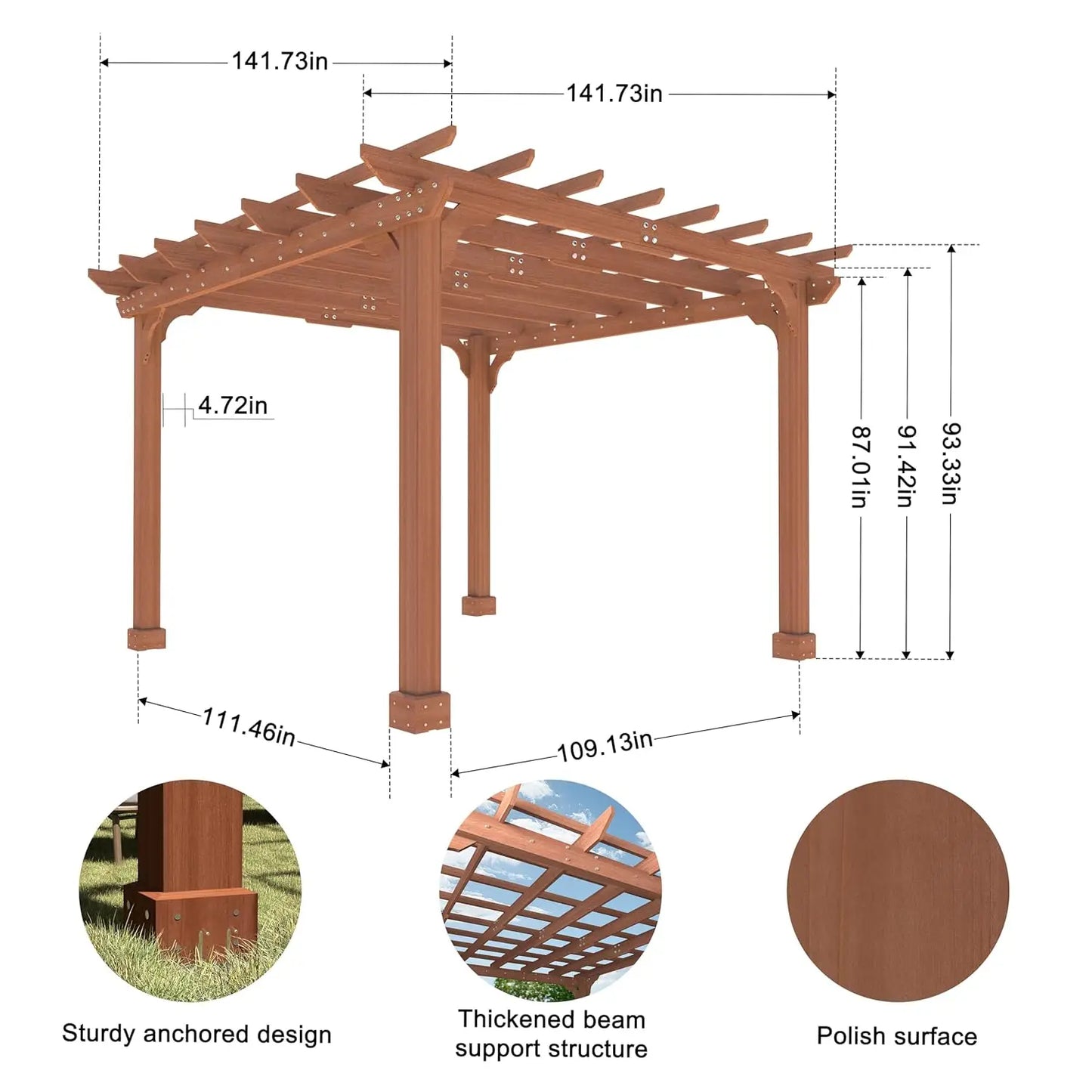 Cedar Wood Pergola Gazebo With Flat Roof Stakes Included