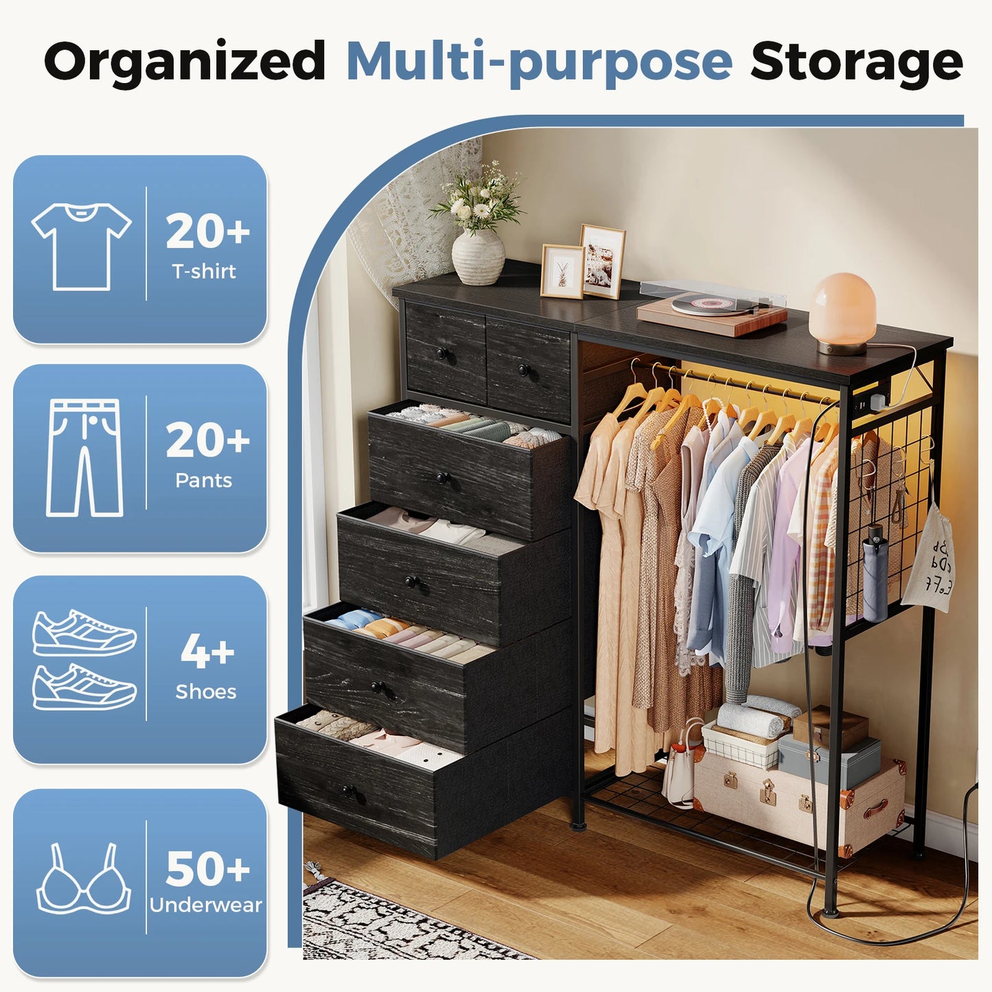 JHK 6 Drawer Dresser With Hanging Rack And Charging Station