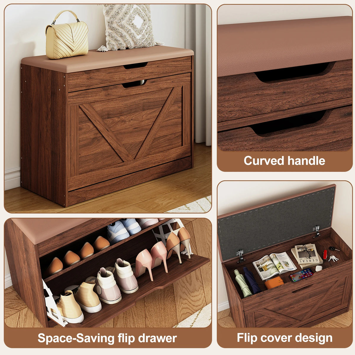 Huisenitre Wooden Storage Bench With Flip Drawers And Adjustable Shelf