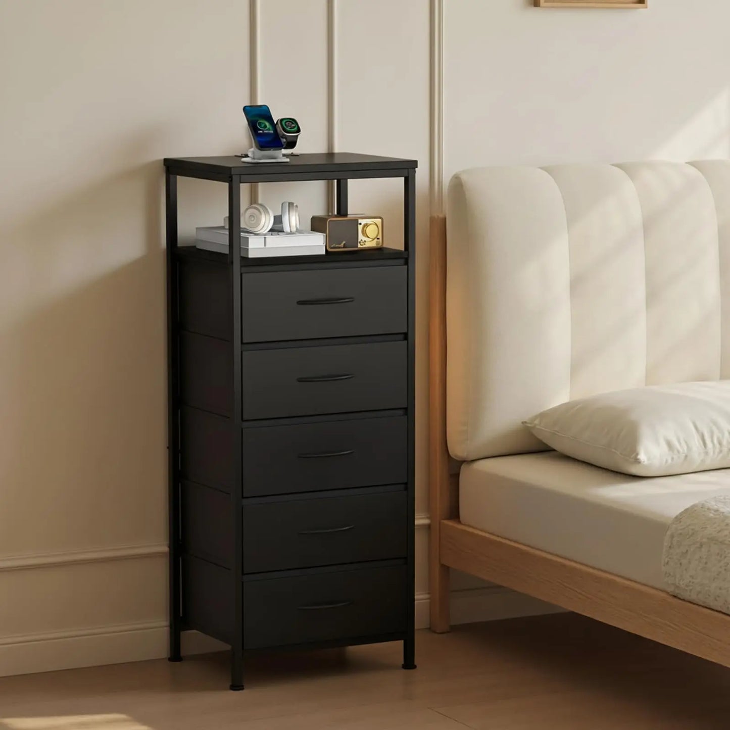 JHK 5-Drawer Nightstand Dresser With Charging Station And Lights