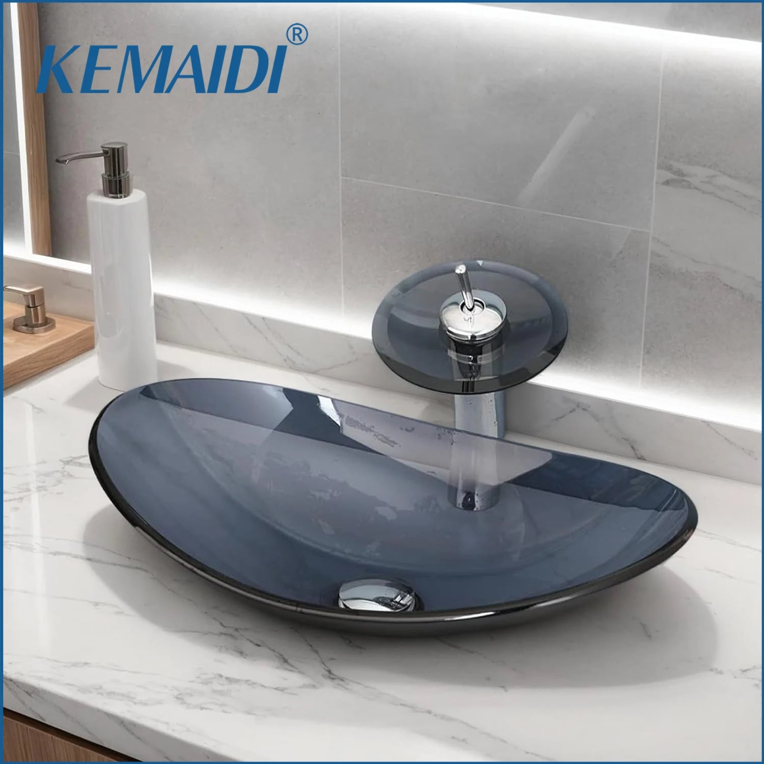 MEKKHALA Oval Glass Vessel Sink With Waterfall Faucet - Home and Haven Store