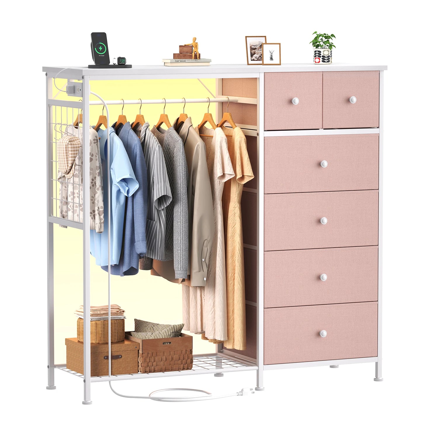 JHK 6 Drawer Dresser With Hanging Rack And Charging Station