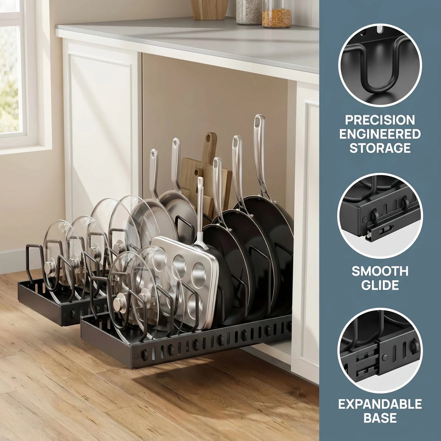 Adjustable Pull Out Kitchen Cabinet Pan Lid Sliding Storage Rack