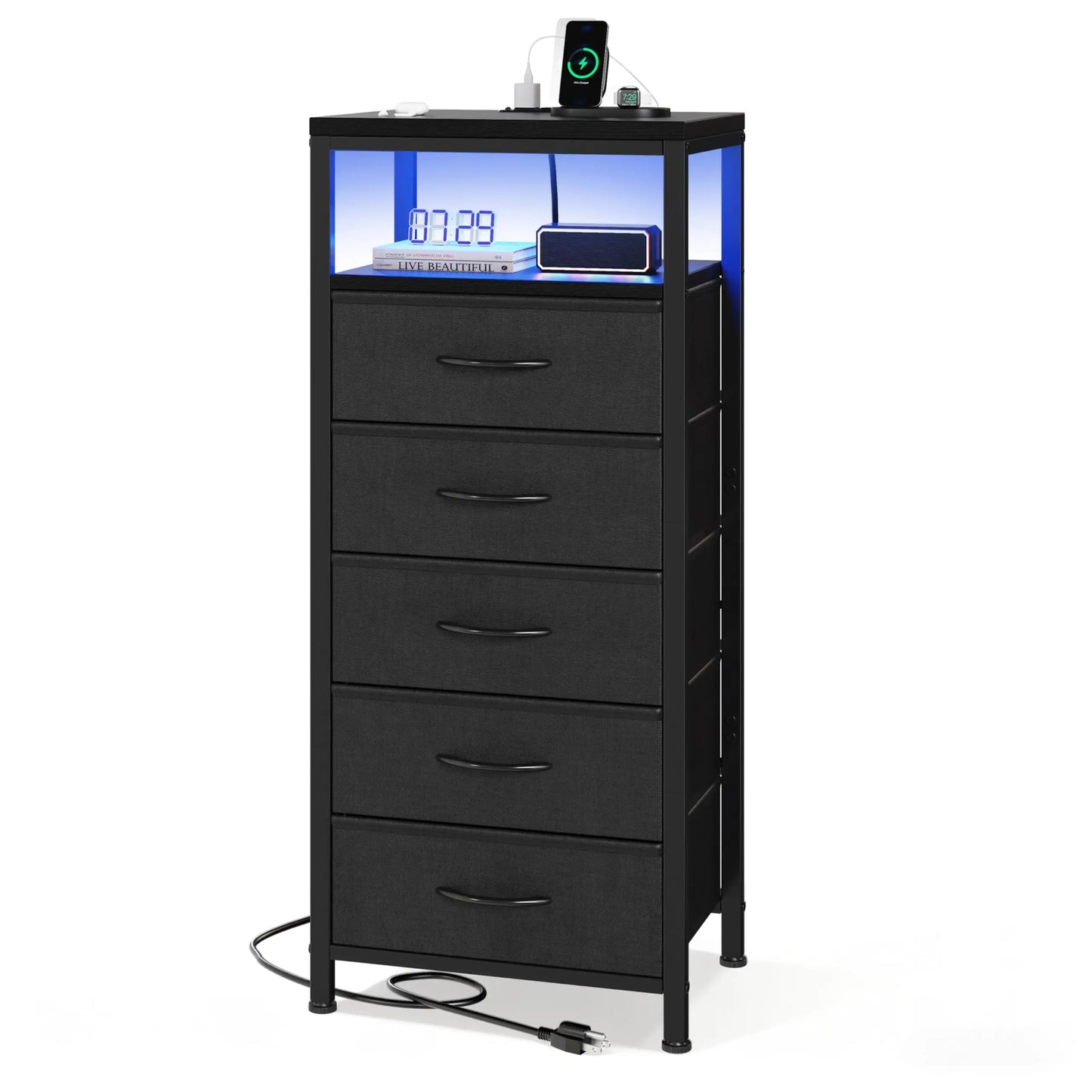JHK 5-Drawer Nightstand Dresser With Charging Station And Lights
