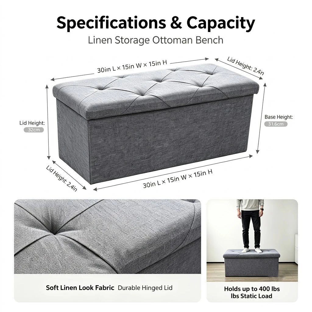 Tufted Fabric Storage Ottoman Bench With Wooden Frame Base