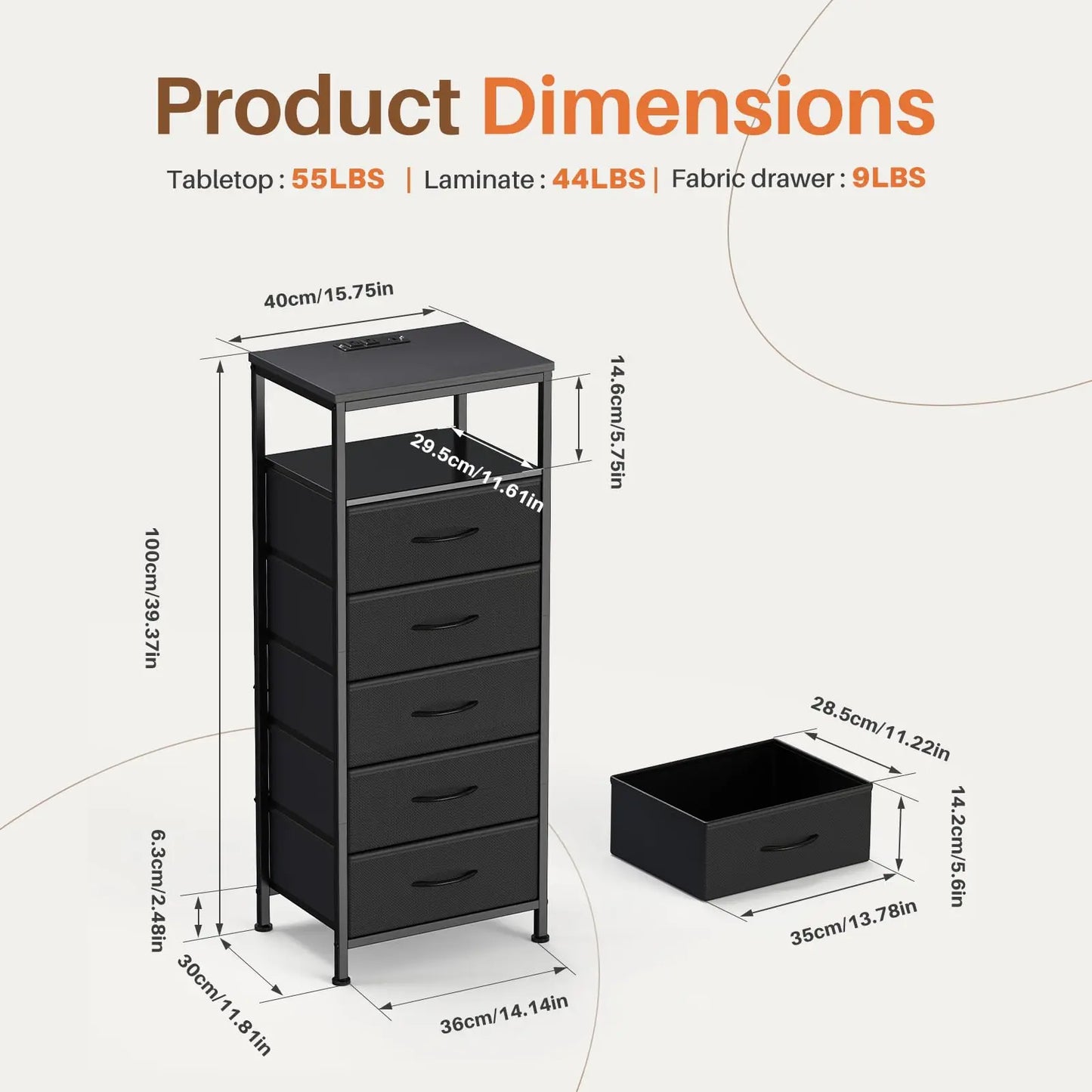 JHK 5-Drawer Nightstand Dresser With Charging Station And Lights