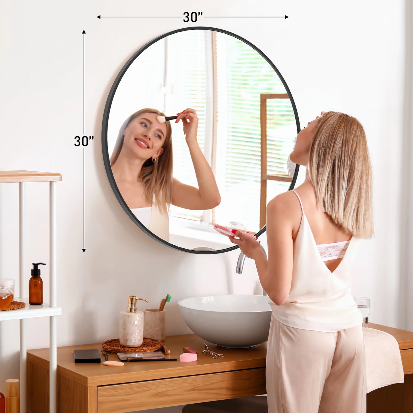 JHK Round Vanity Mirror With Matte Metal Frame Tempered Glass