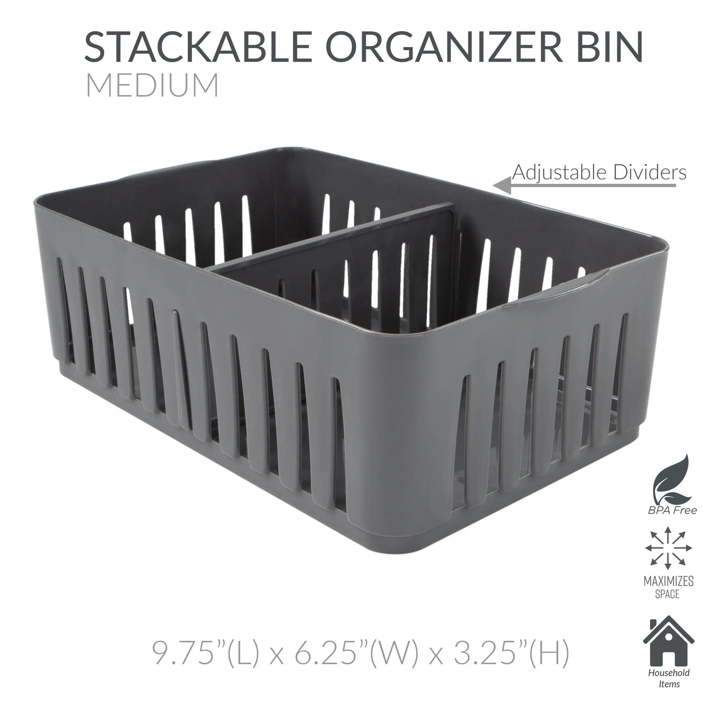 Stackable Plastic Organizer Bin With Adjustable Dividers