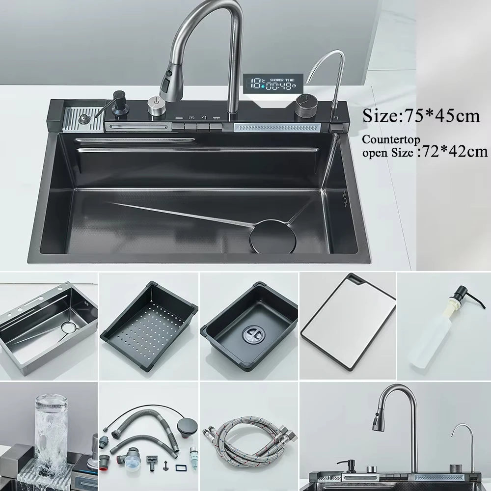 MYQualife 304 Stainless Steel Waterfall Kitchen Sink With Digital Faucet Set