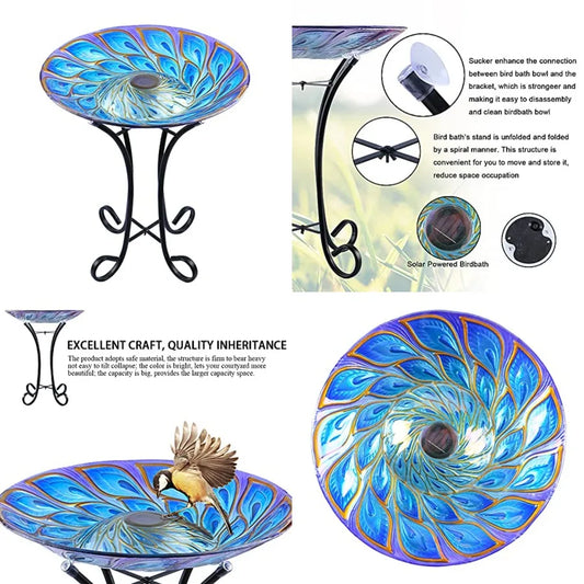 MUMTOP Outdoor Glass Bird Bath With Solar Power And Metal Stand - Home and Haven Store