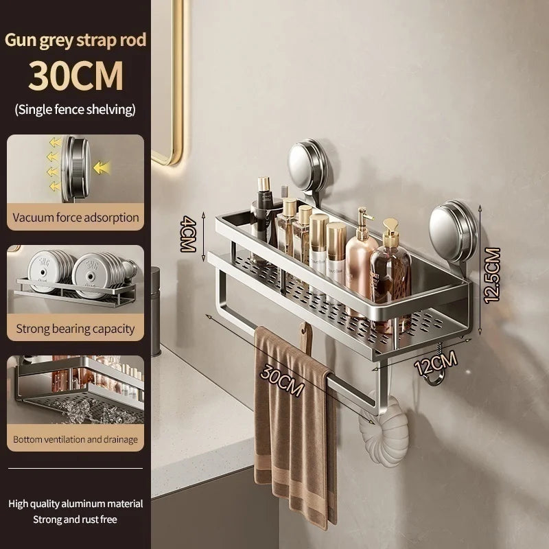 Wall Mounted Aluminum Bathroom Rack With Suction Cup Organizer