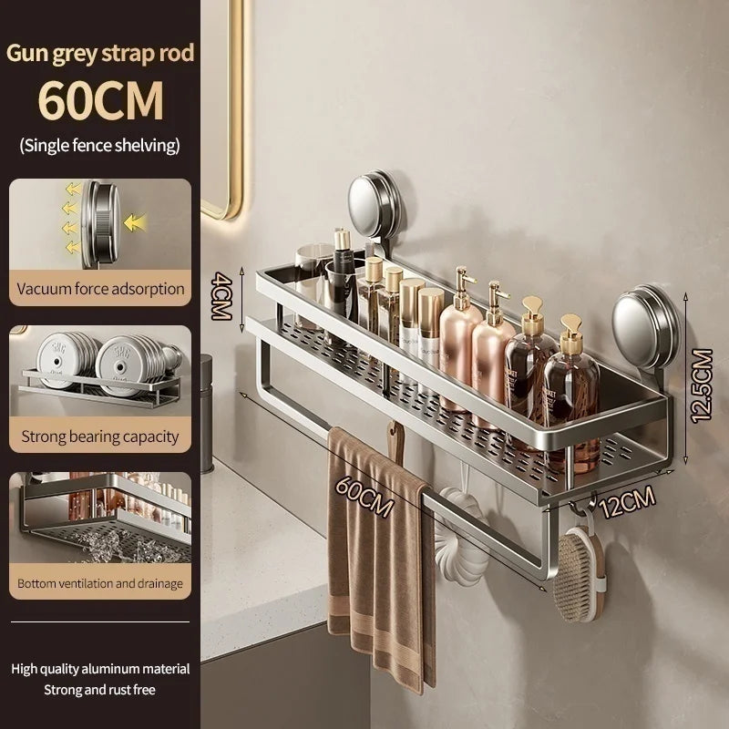 Wall Mounted Aluminum Bathroom Rack With Suction Cup Organizer