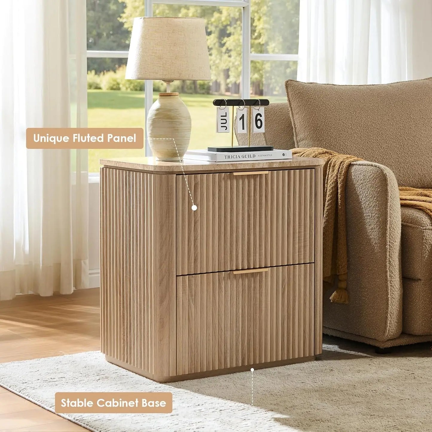 Fluted Nightstand Set Of 2 With Two Drawers And Curved