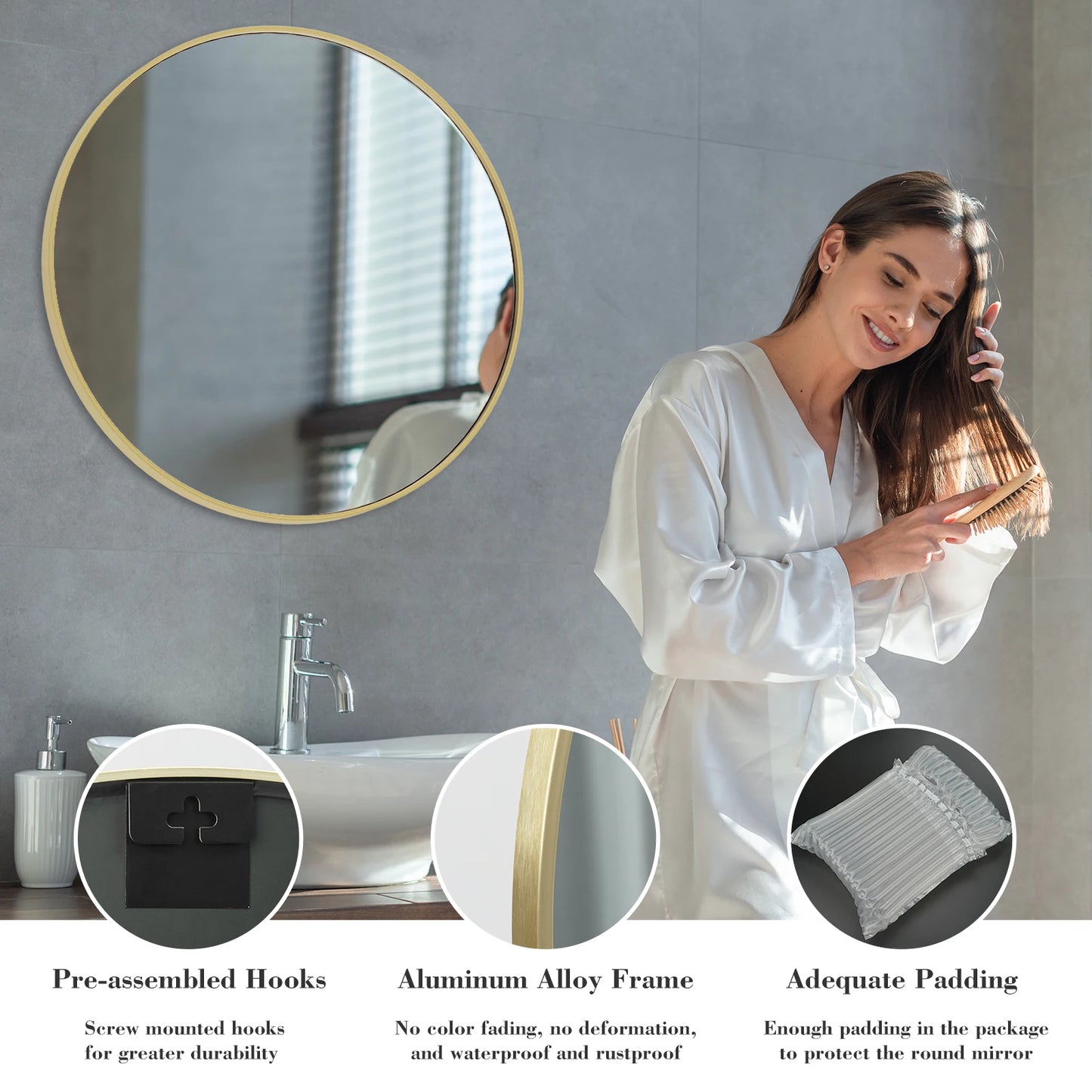 JHK Round Vanity Mirror With Matte Metal Frame Tempered Glass