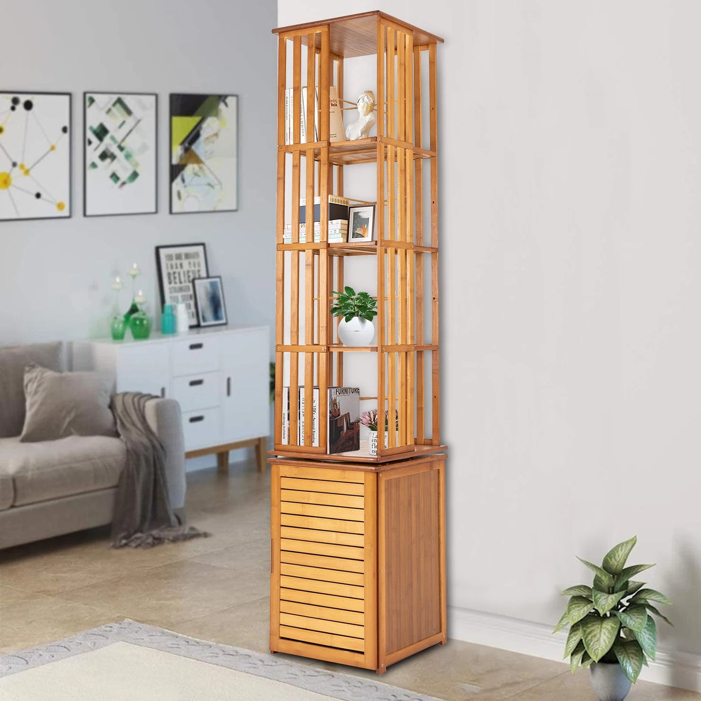 Bymaocar Bamboo Corner Bookshelf Rotating Storage Rack For Home