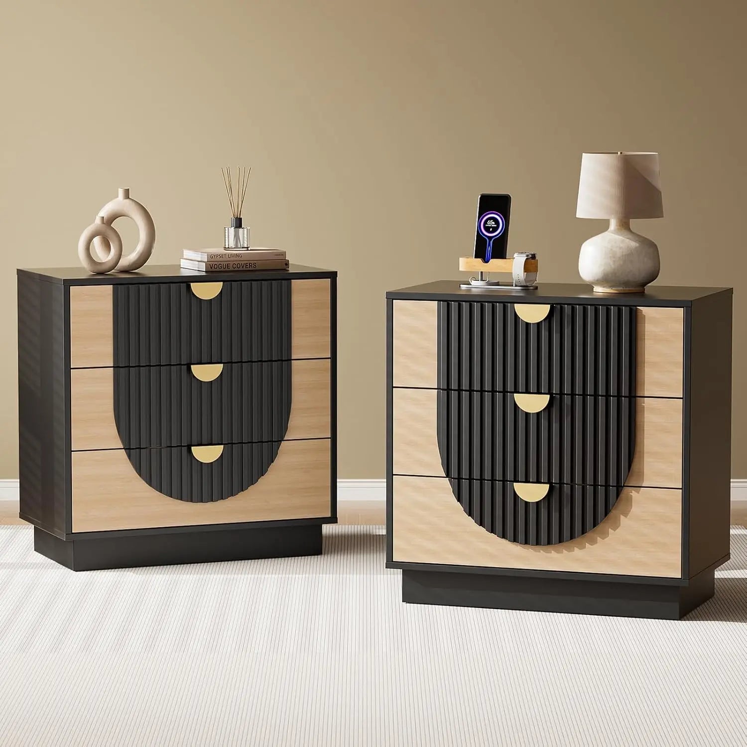 Symmetrical Arc 3-Drawer Nightstand With Charging Station - Home and Haven Store
