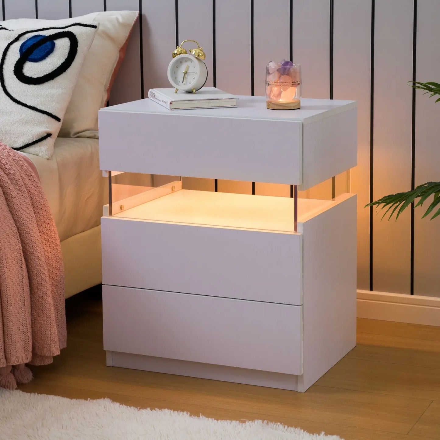 Cubehom Bedside Tables 2 Pack With LED Lighting 3 Drawers