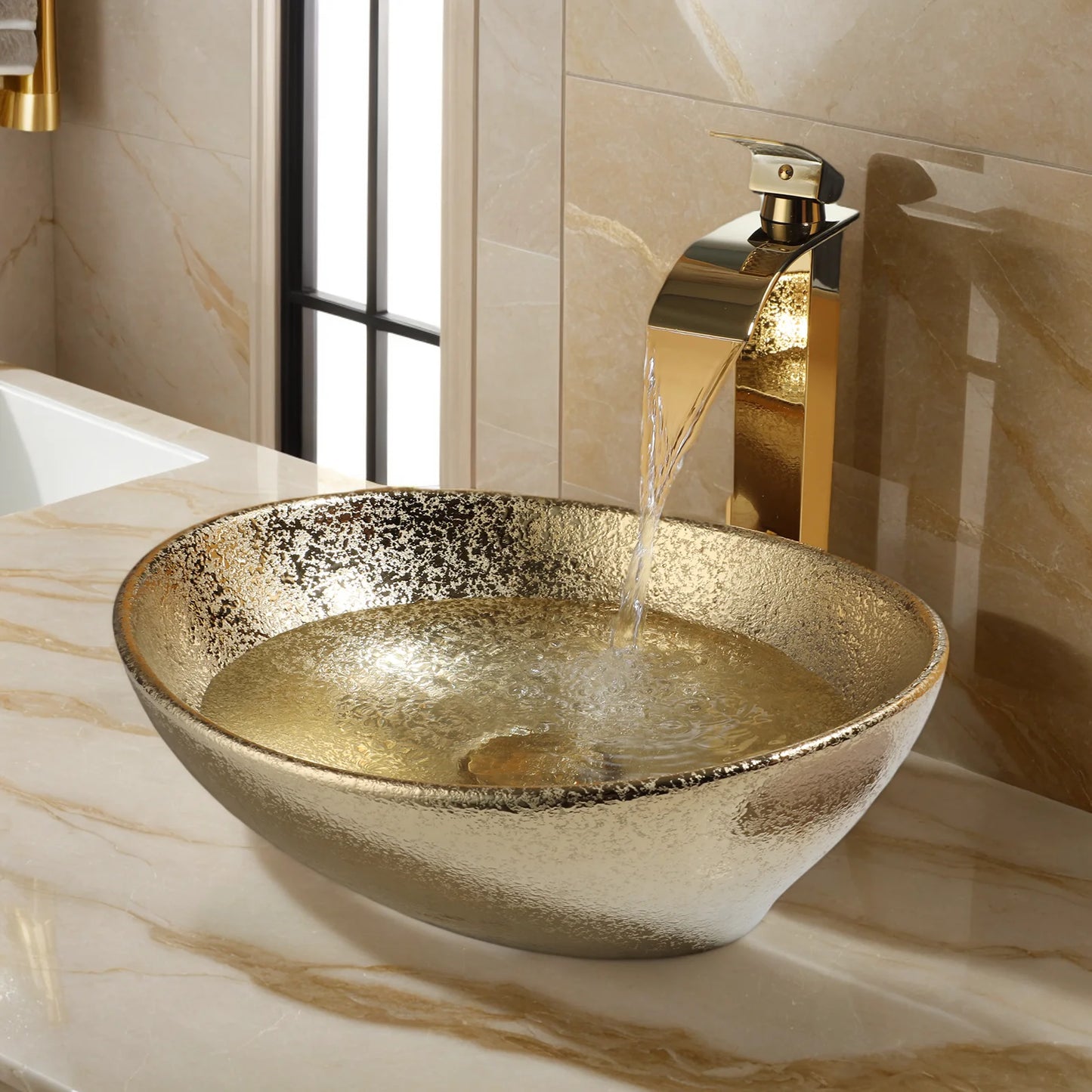 Mekkhala Oval Ceramic Vessel Sink With Waterfall Faucet
