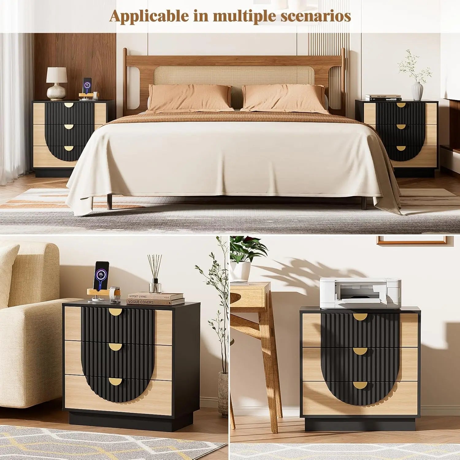 Symmetrical Arc 3-Drawer Nightstand With Charging Station - Home and Haven Store