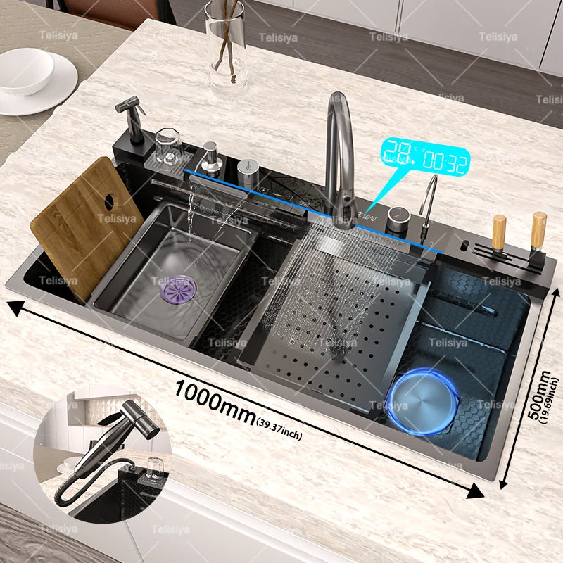 TELISIYA Waterfall Digital Display Stainless Steel Single Bowl Kitchen Sink