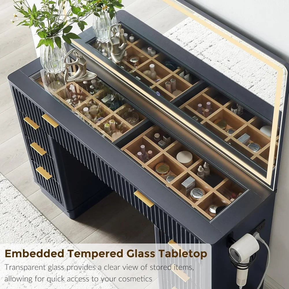Guangbai Fluted Vanity Desk With LED Mirror And Eight Drawers