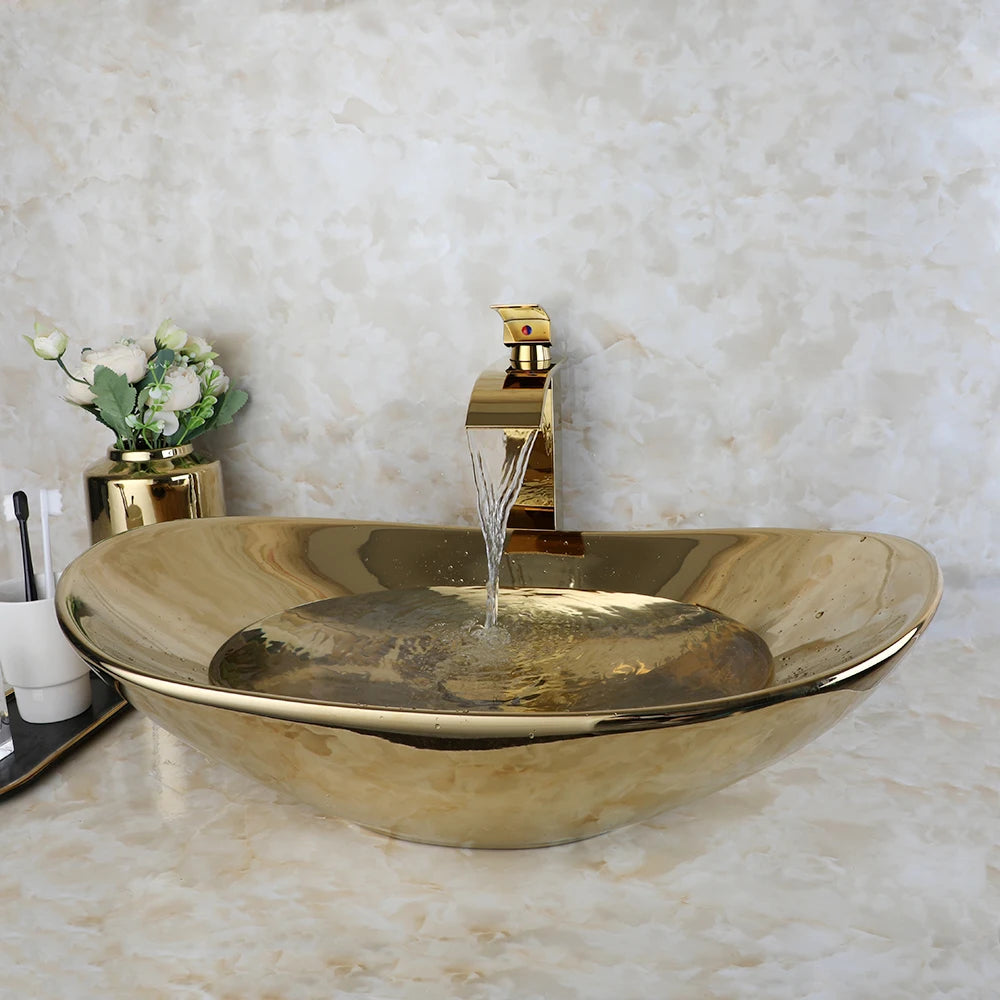 YANKSMART Gold Ceramic Luxury Vessel Sink Set Brass Faucet - Home and Haven Store