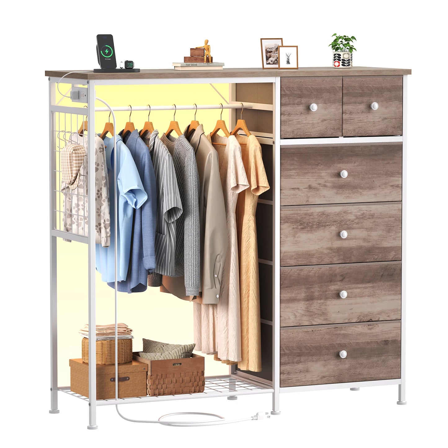 JHK 6 Drawer Dresser With Hanging Rack And Charging Station