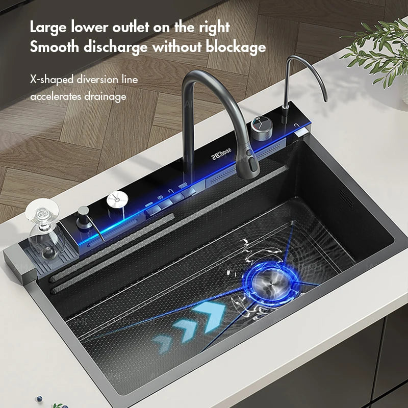 MYQualife 304 Stainless Steel Waterfall Kitchen Sink With Digital Faucet Set