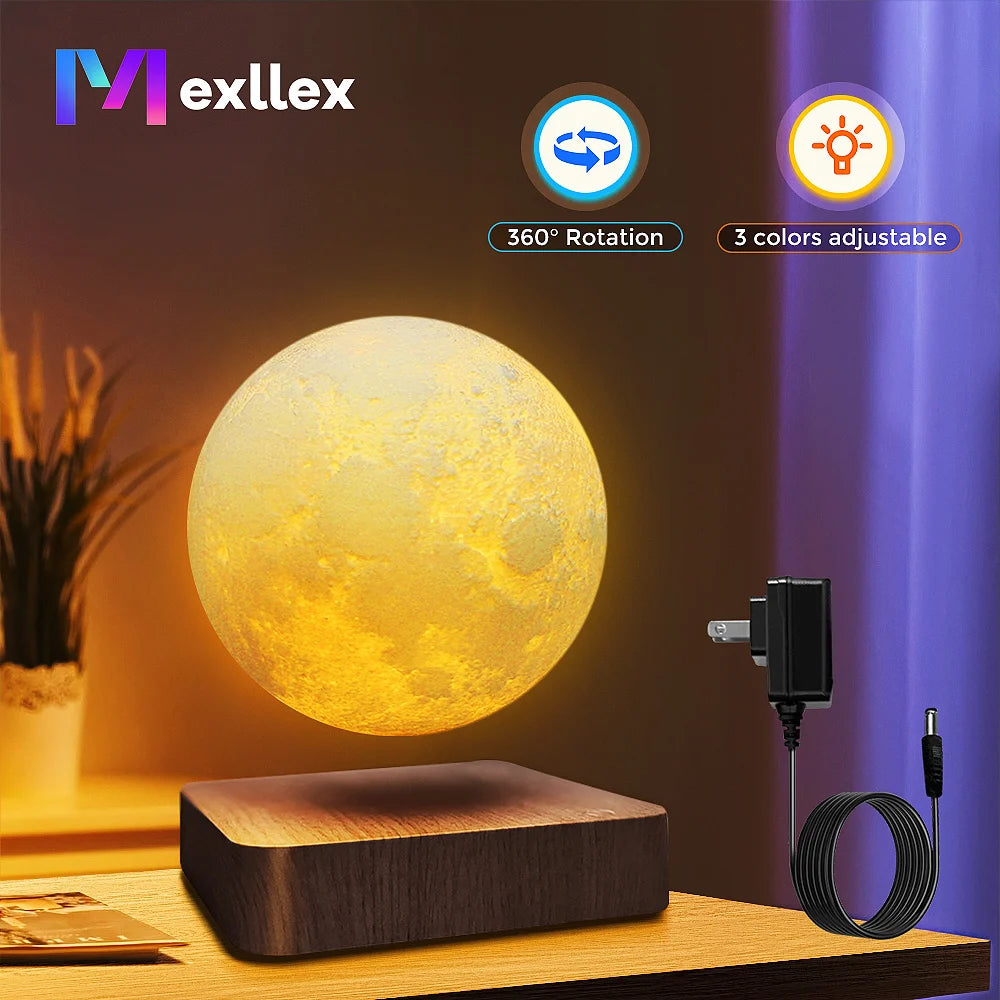 Mexllex Magnetic Floating Rotating Moon Lamp Wooden Base Led Nightlight