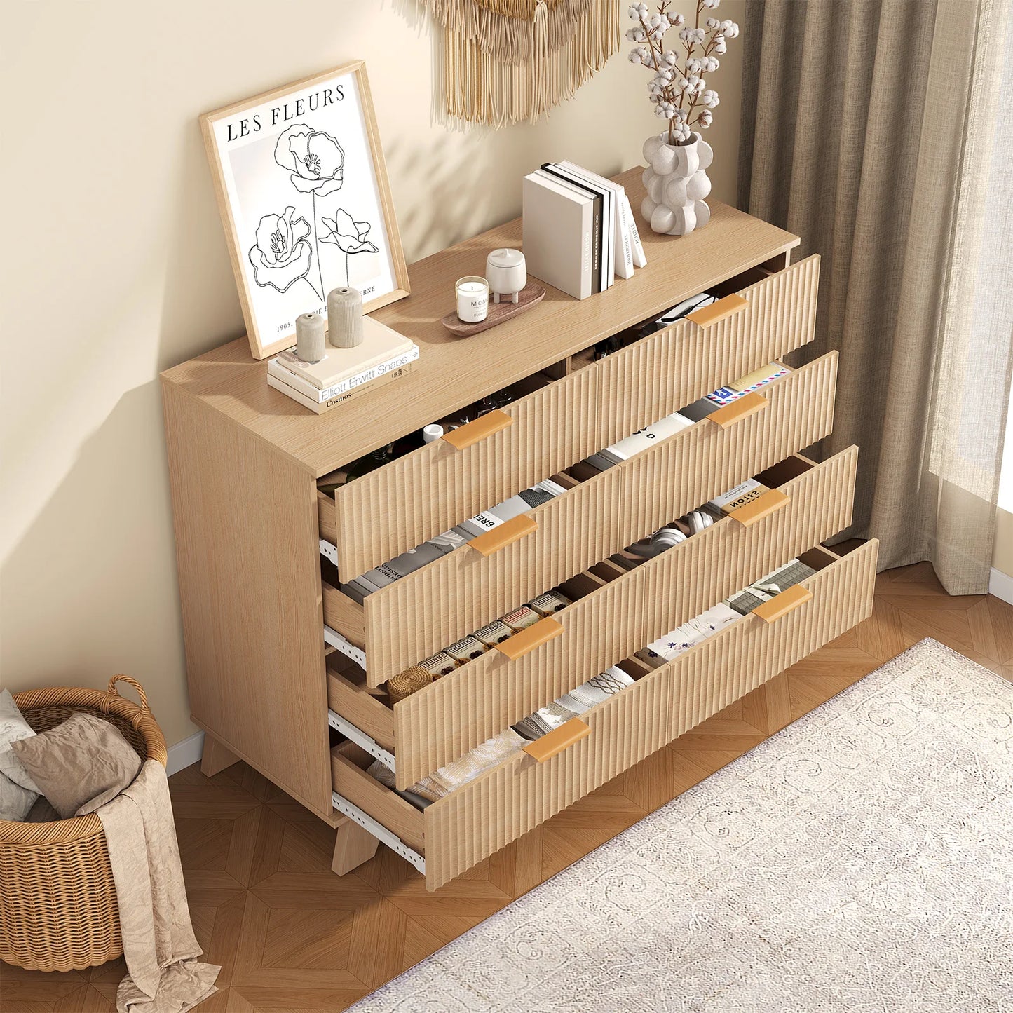JHK Modern Fluted Wooden Six Drawer Dresser With Gold Handles