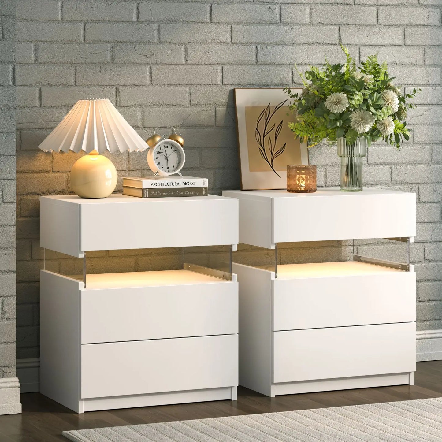 Cubehom Bedside Tables 2 Pack With LED Lighting 3 Drawers