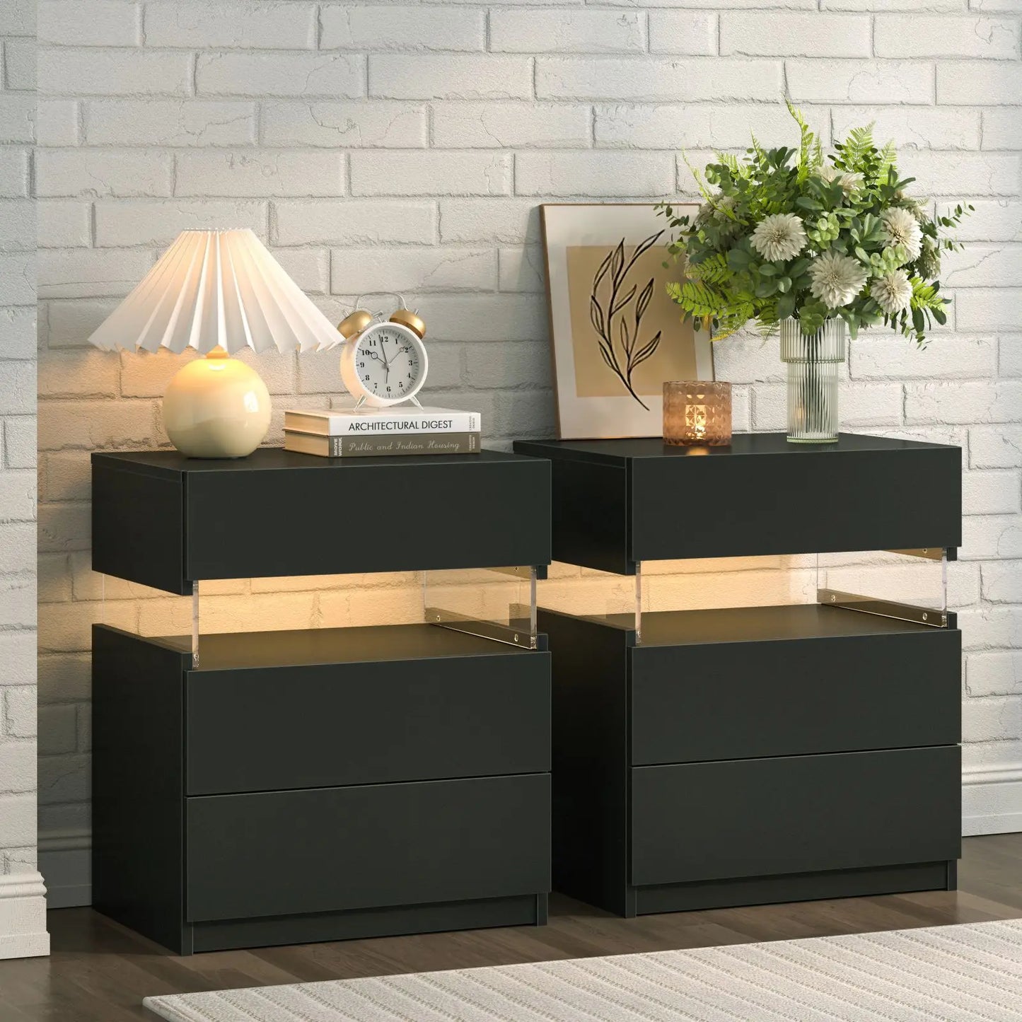 Cubehom Bedside Tables 2 Pack With LED Lighting 3 Drawers
