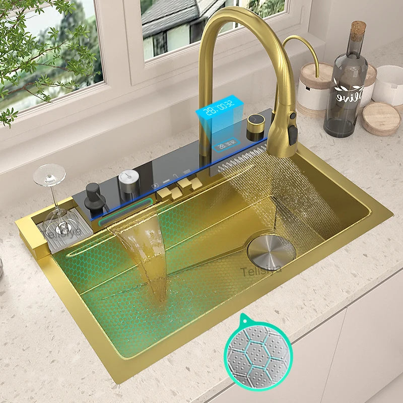 TELISIYA Waterfall Digital Display Stainless Steel Single Bowl Kitchen Sink