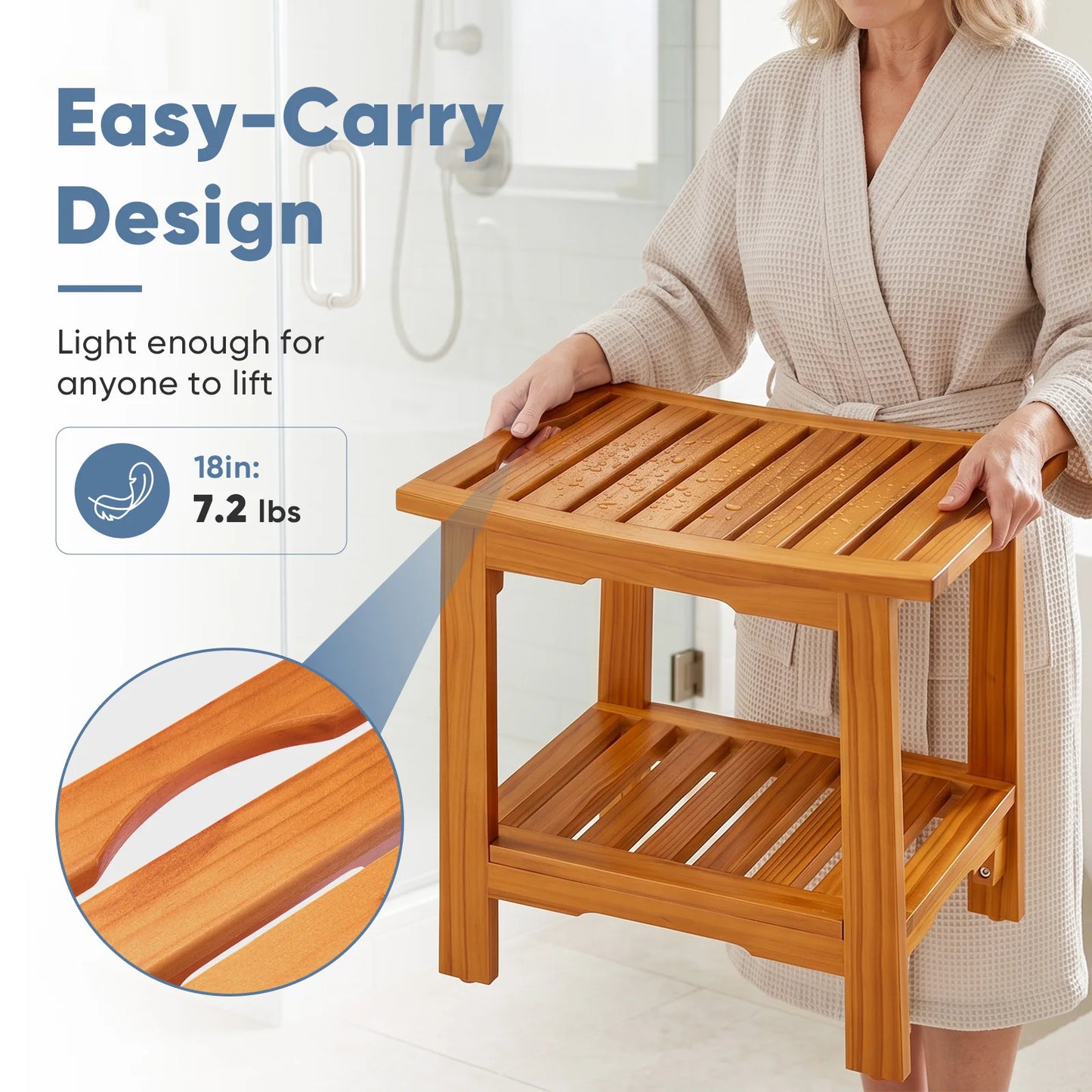 JHK Solid Wood Bathroom Shower Bench With Storage Shelf Handles