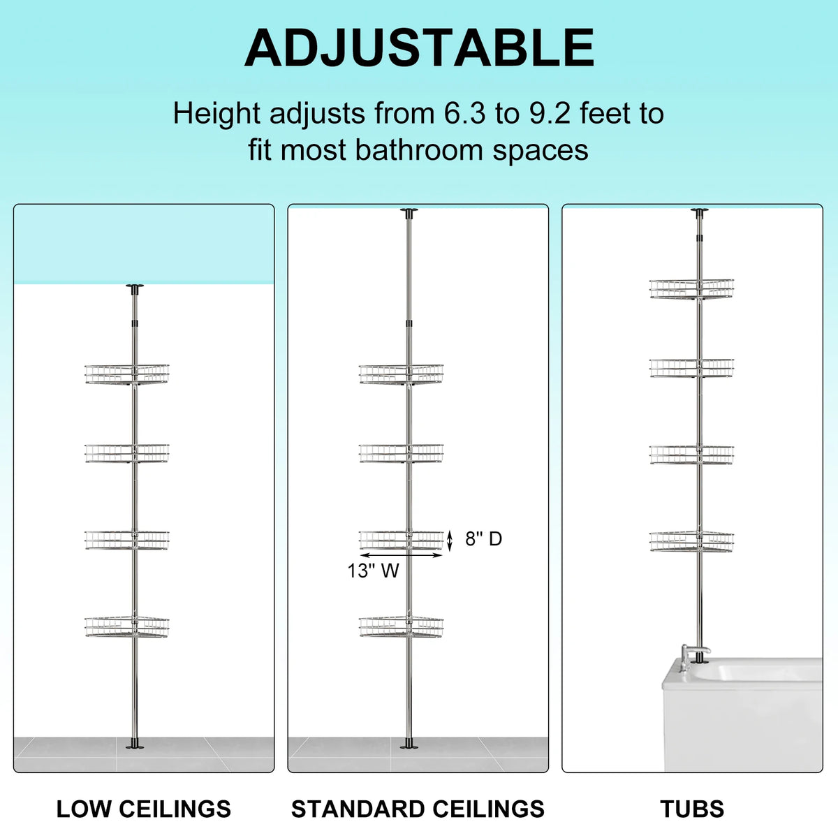 Adjustable Four Tier Corner Shower Caddy Rustproof Metal Bathroom Organizer