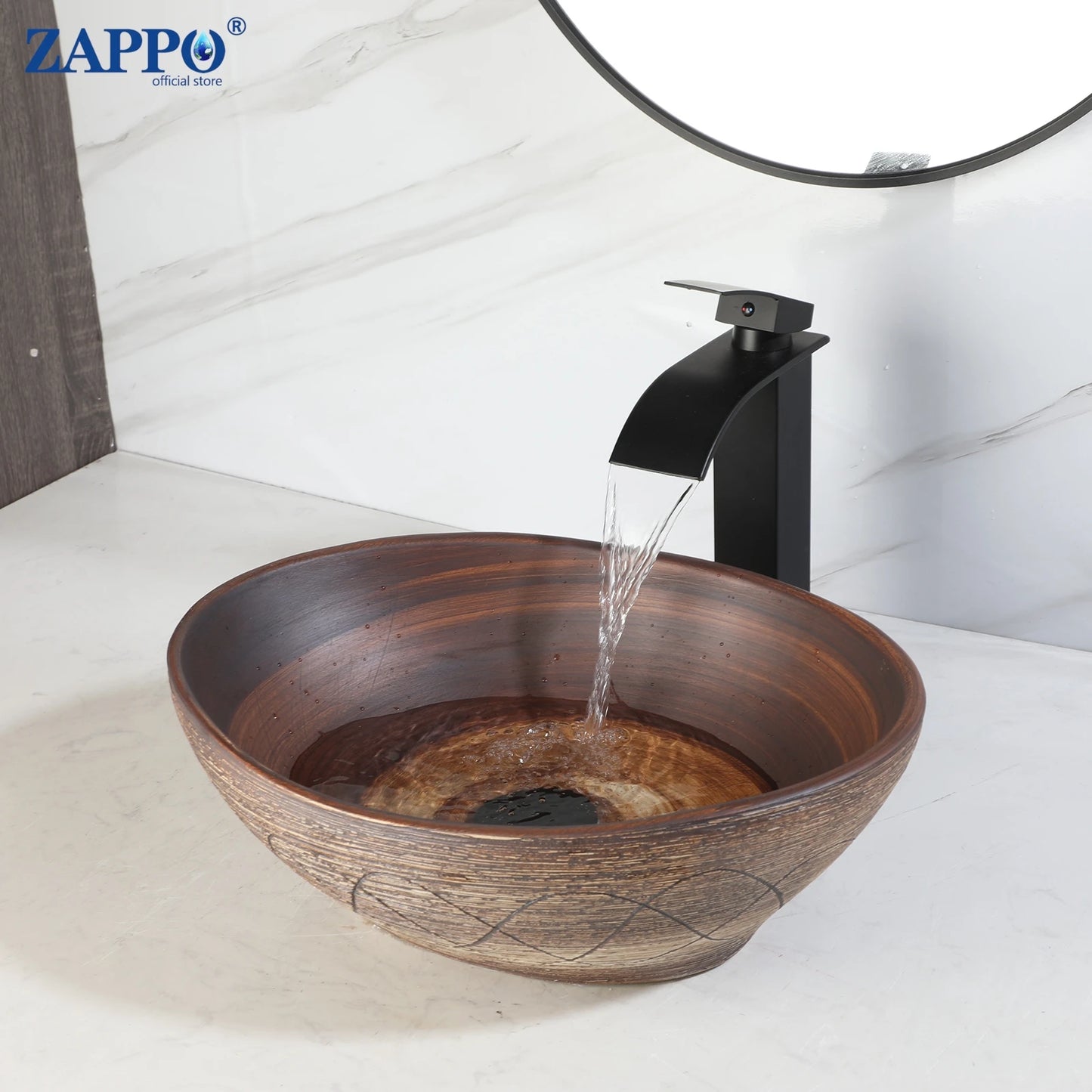 Mekkhala Ceramic Vessel Bathroom Sink With Waterfall Faucet