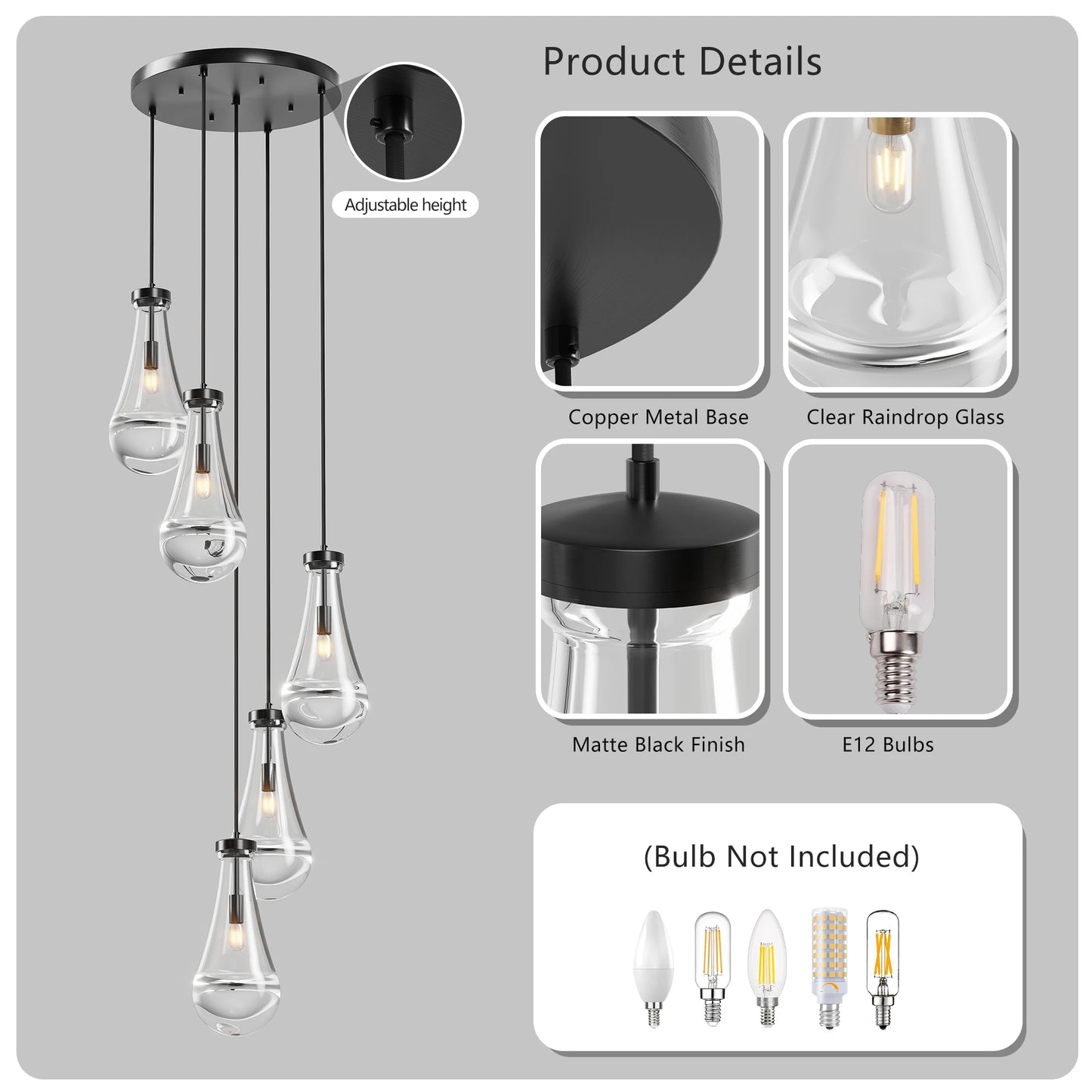 Zhikea 5 Light Adjustable Cord Pendant Chandelier For Living Room