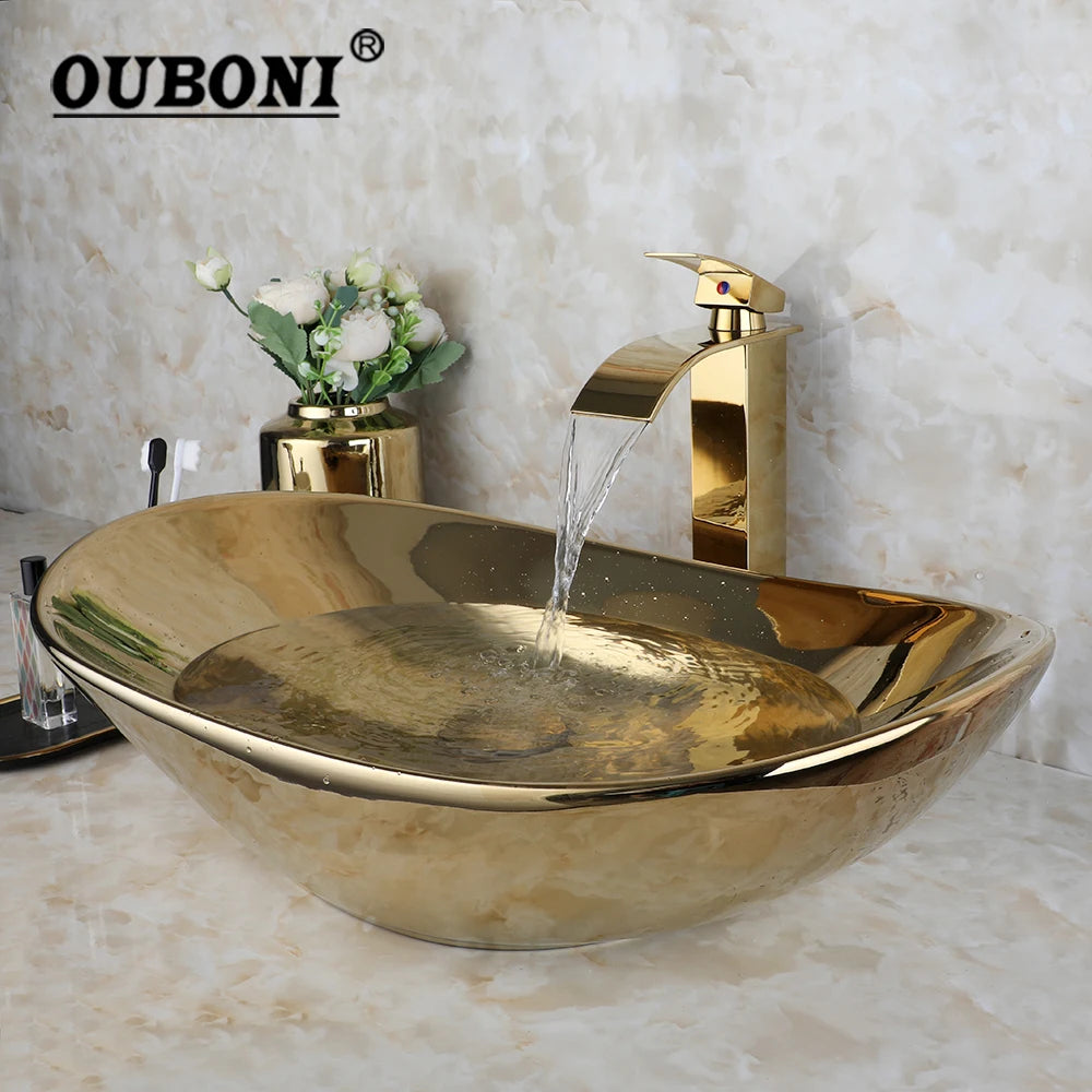 YANKSMART Gold Ceramic Luxury Vessel Sink Set Brass Faucet - Home and Haven Store