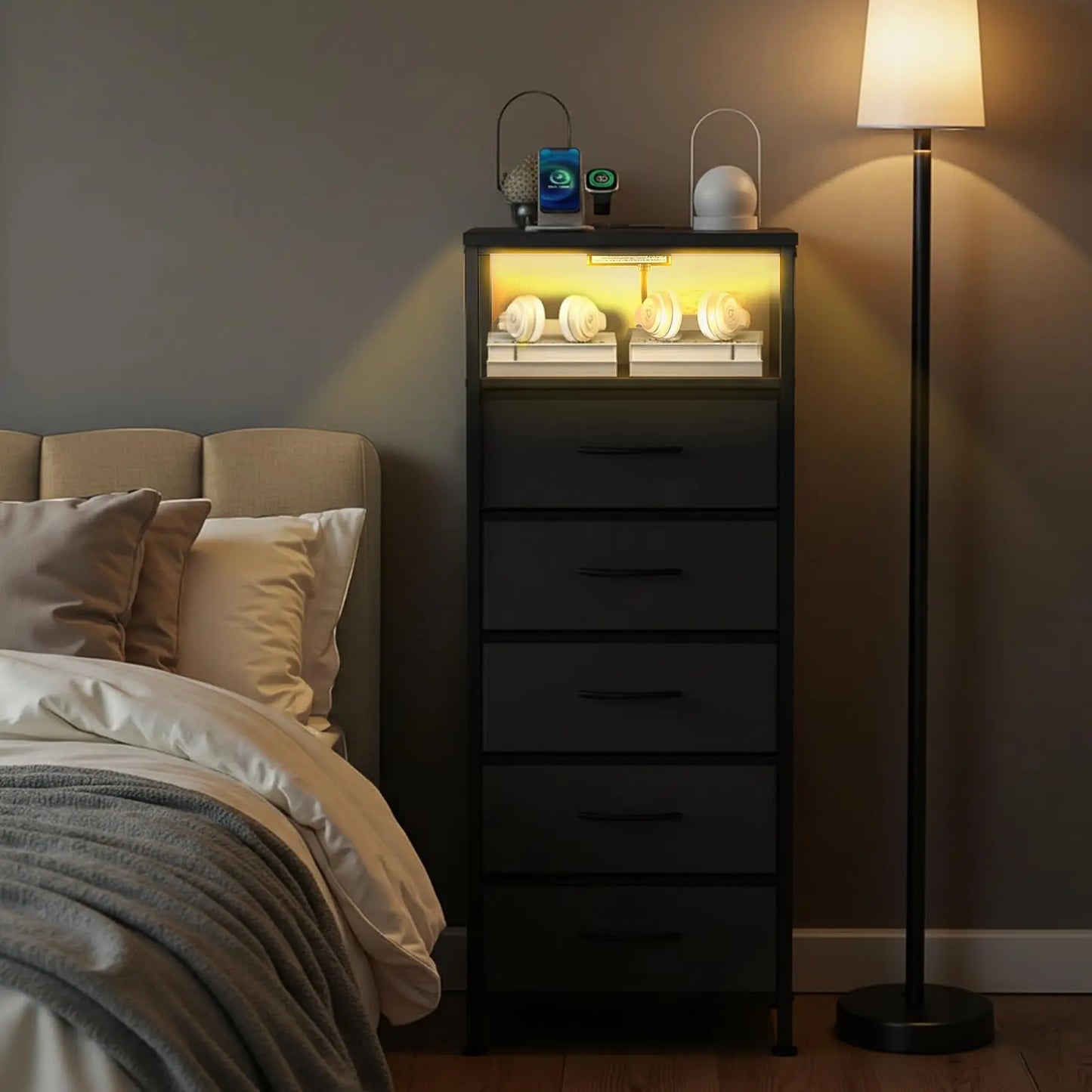 JHK 5-Drawer Nightstand Dresser With Charging Station And Lights