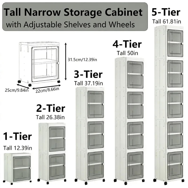 Nifogo 5 Tier Slim Rolling Storage Cabinet With Clear Doors