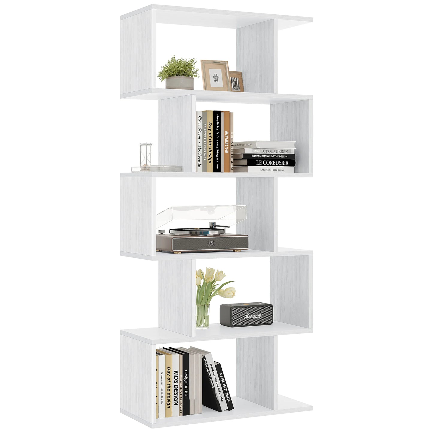 JHK S Shaped Geometric 5 Tier Bookcase Wood Display Shelf