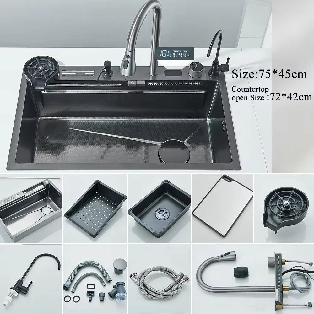 MYQualife 304 Stainless Steel Waterfall Kitchen Sink With Digital Faucet Set