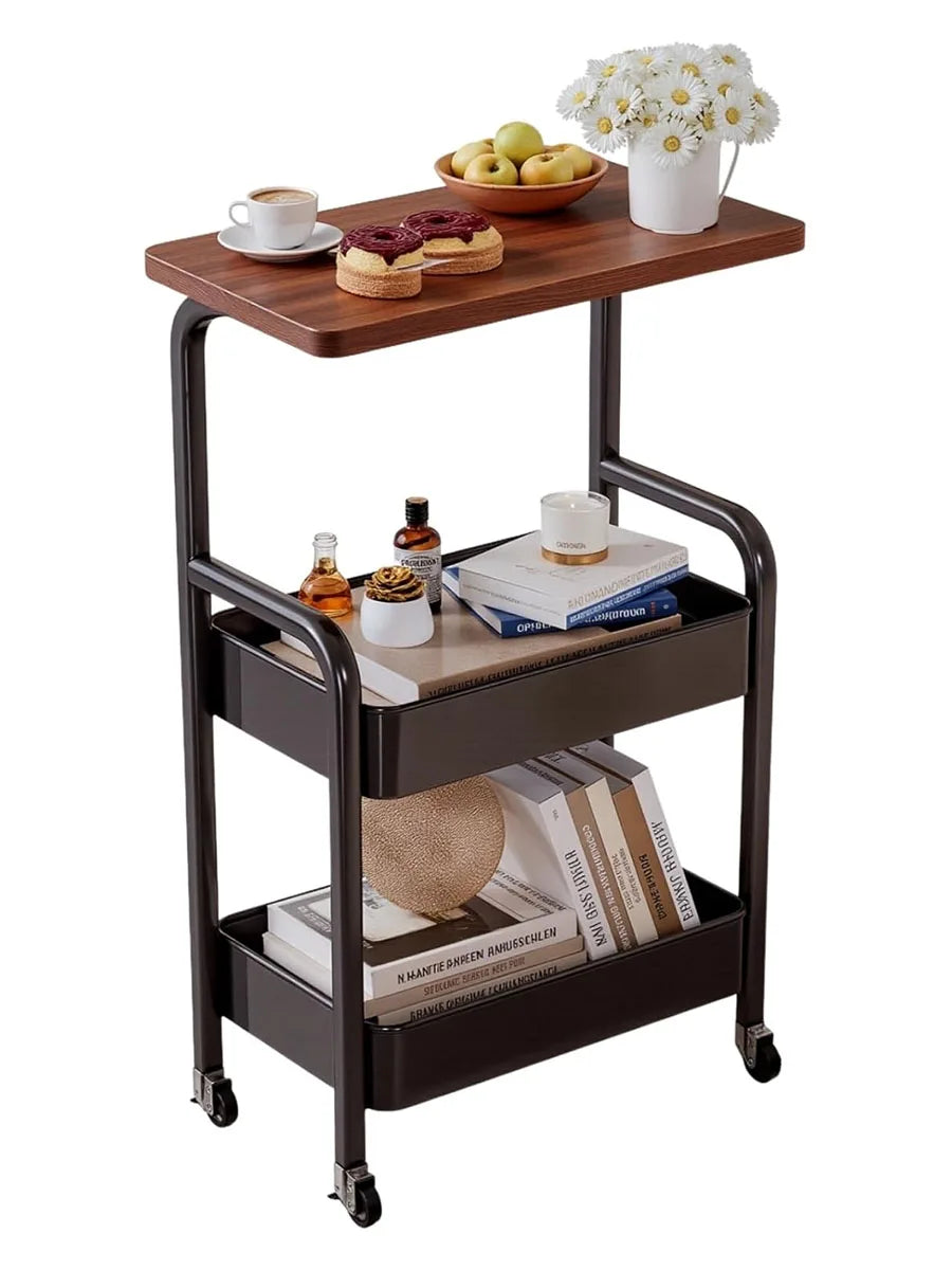 Three Tier Metal Rolling Storage Cart With Walnut Tabletop - Home and Haven Store