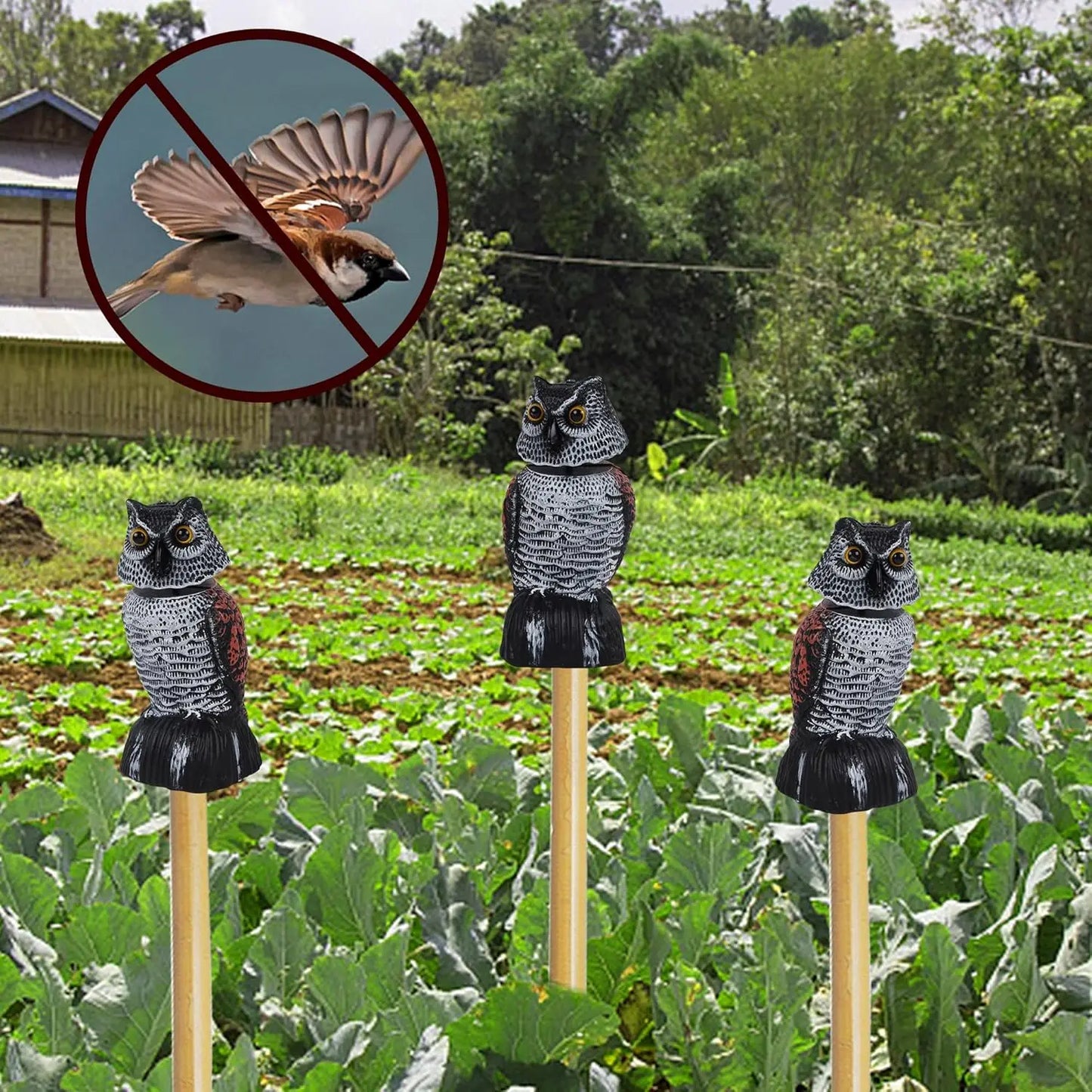 3 Pack Mini Horned Owl Bird Deterrents Plastic Decoys