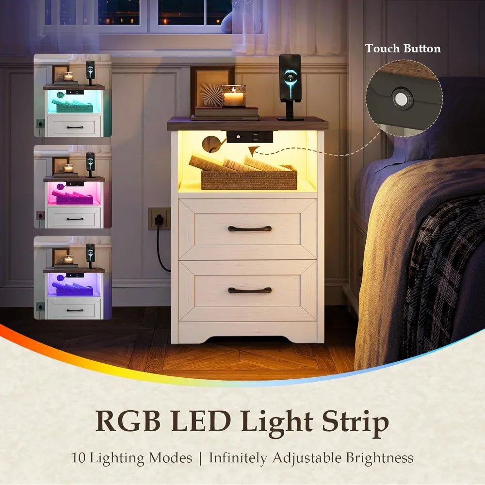 Farmhouse Nightstands Set Of 2 With LED Lighting And Charging - Home and Haven Store