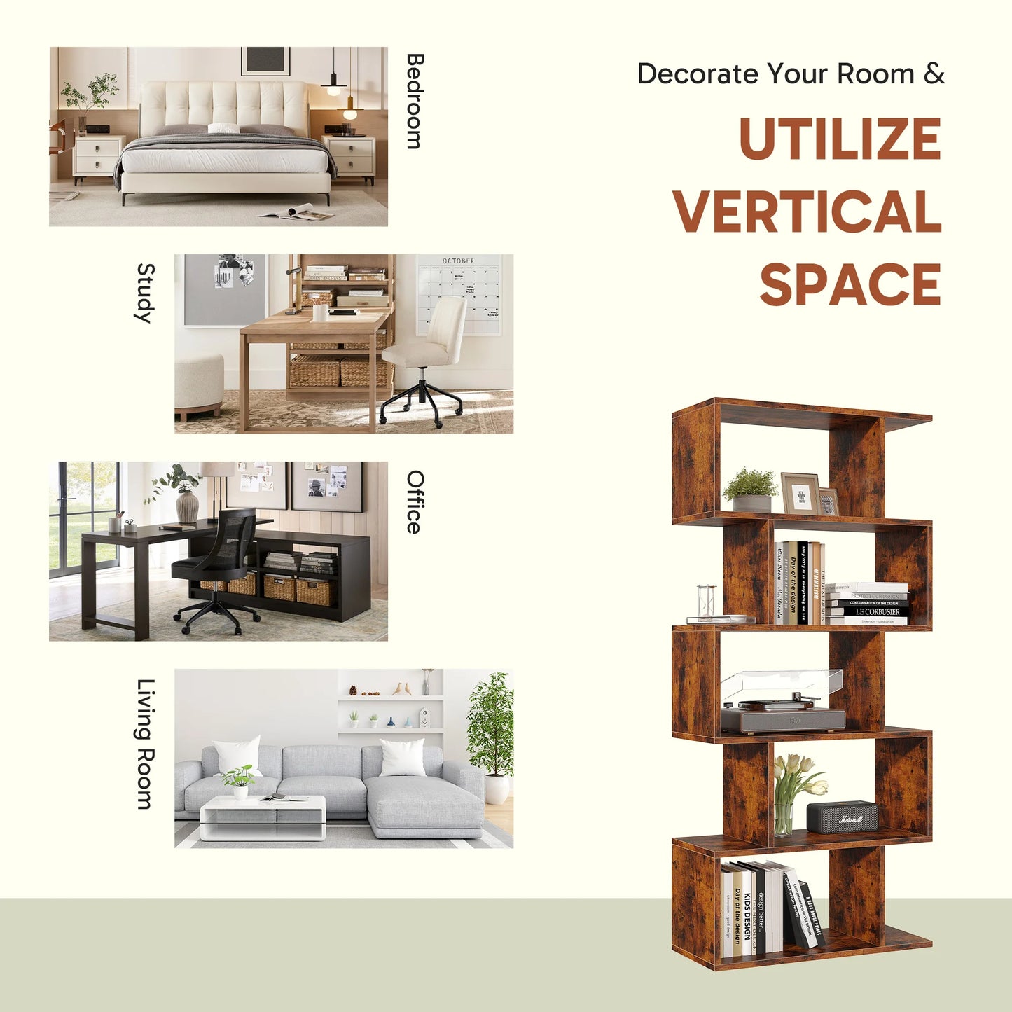 JHK S Shaped Geometric 5 Tier Bookcase Wood Display Shelf