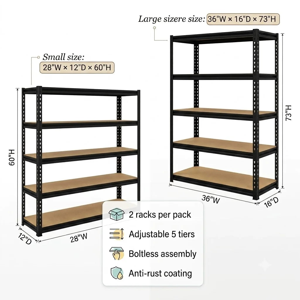 Heavy Duty Five Tier Adjustable Metal Storage Rack Set
